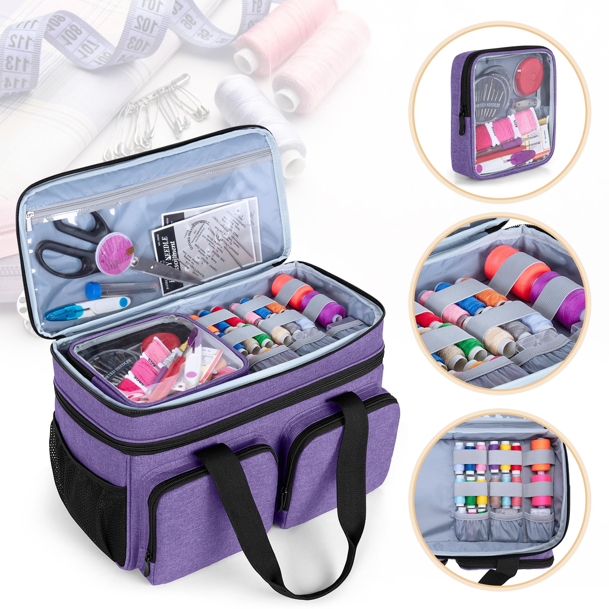 BAFASO Large Sewing Organizer Bag with an Individual Pouch and Detachable Dividers, 2 Layers Sewing Storage Bag for Sewing Supplies, Purple