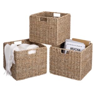 12x12x10in Seagrass Storage Baskets Set of 4, Large Wicker Storage Basket, Decorative Seagrass Shelf Basket, Pantry Baskets Organization,Folding Storage Cube Bins