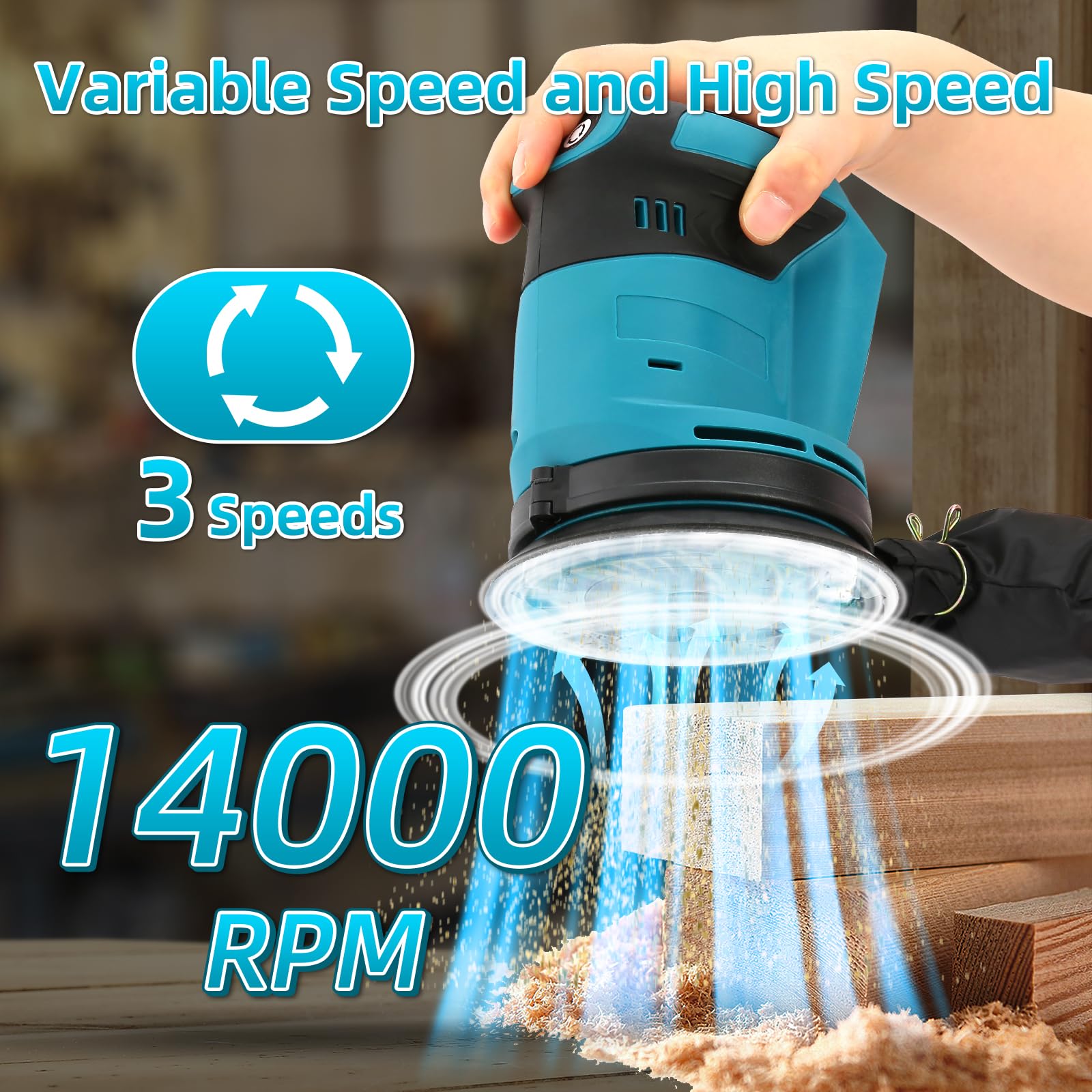 Random Orbit Sander for Makita 18V Battery, 5-Inch 14000RPM Cordless Electric Orbital Sander with 3 Various Speeds, Palm Sander with 3 Pcs Sandpapers & Dust Bag, Perfect for Woodworking(Tool Only)