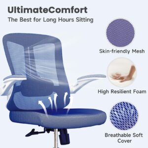 SICHY AGE Home Office Desk Chairs, Ergonomic Office Chair with Lumbar Support and Flip-Up Armrests, Mesh Back Office Swivel Chairs with Thickened Cushion and Adjustable Headrest, Blue