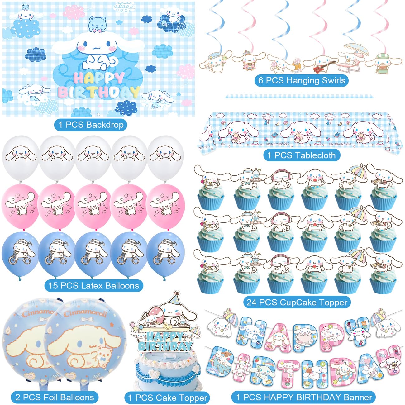 Cinnamoroll Birthday Decorations, Party Supplies Set Include Banner, Backdrop, Balloons, Hanging Swirls, Cake Cupcake Toppers, Tablecloth for Kids Cinnamoroll Theme Party