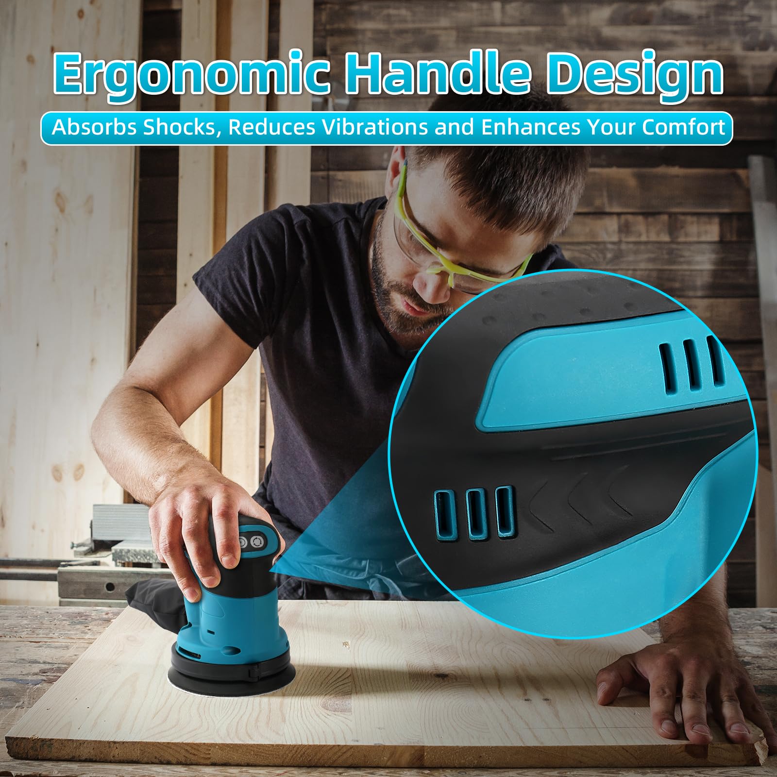 Random Orbit Sander for Makita 18V Battery, 5-Inch 14000RPM Cordless Electric Orbital Sander with 3 Various Speeds, Palm Sander with 3 Pcs Sandpapers & Dust Bag, Perfect for Woodworking(Tool Only)