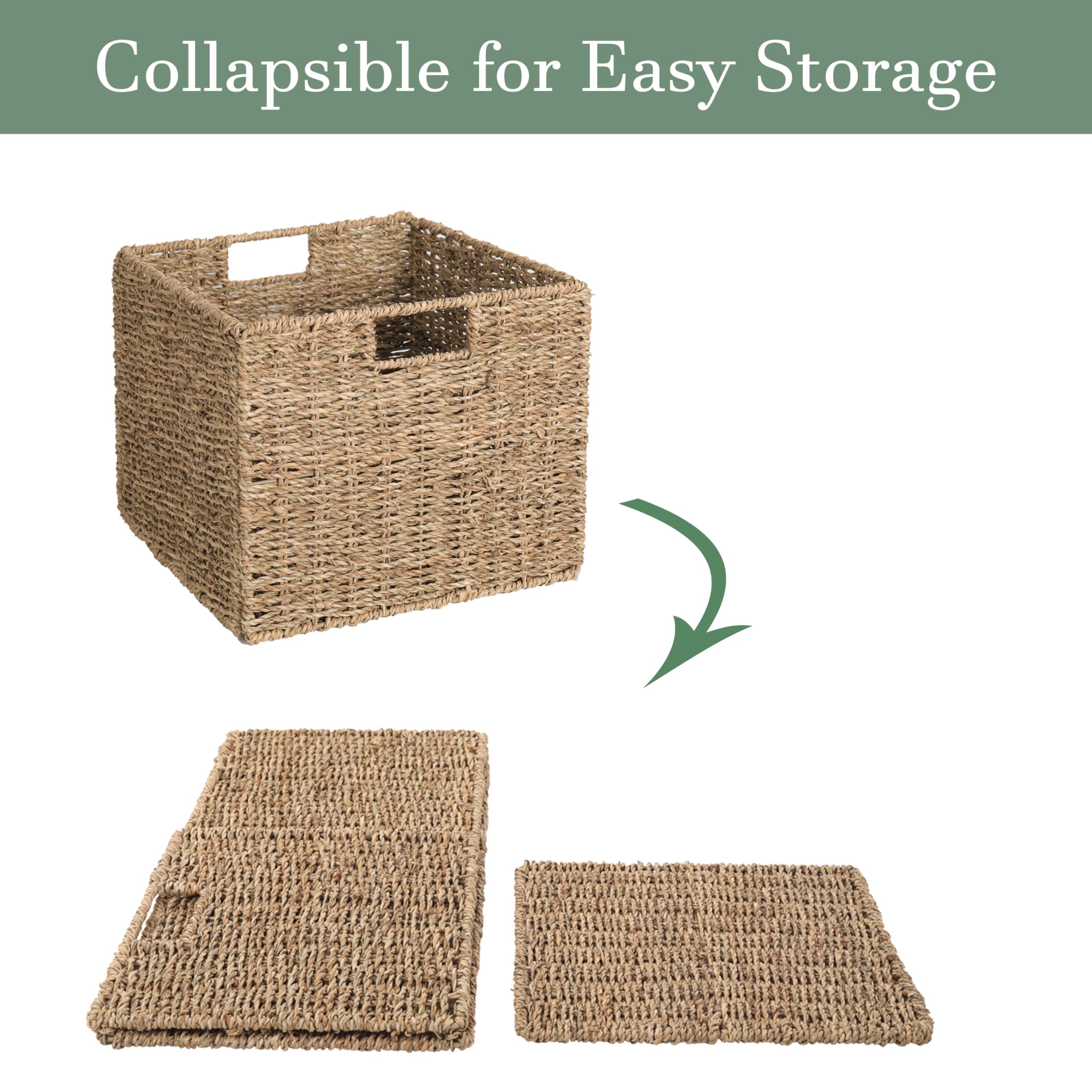 12x12x10in Seagrass Storage Baskets Set of 4, Large Wicker Storage Basket, Decorative Seagrass Shelf Basket, Pantry Baskets Organization,Folding Storage Cube Bins