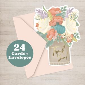 Floral Thank You Cards - 24 Cards With Envelopes - Unique Shape Perfect for Birthdays, Holidays, Weddings, Graduations - 5 x 7 Inches