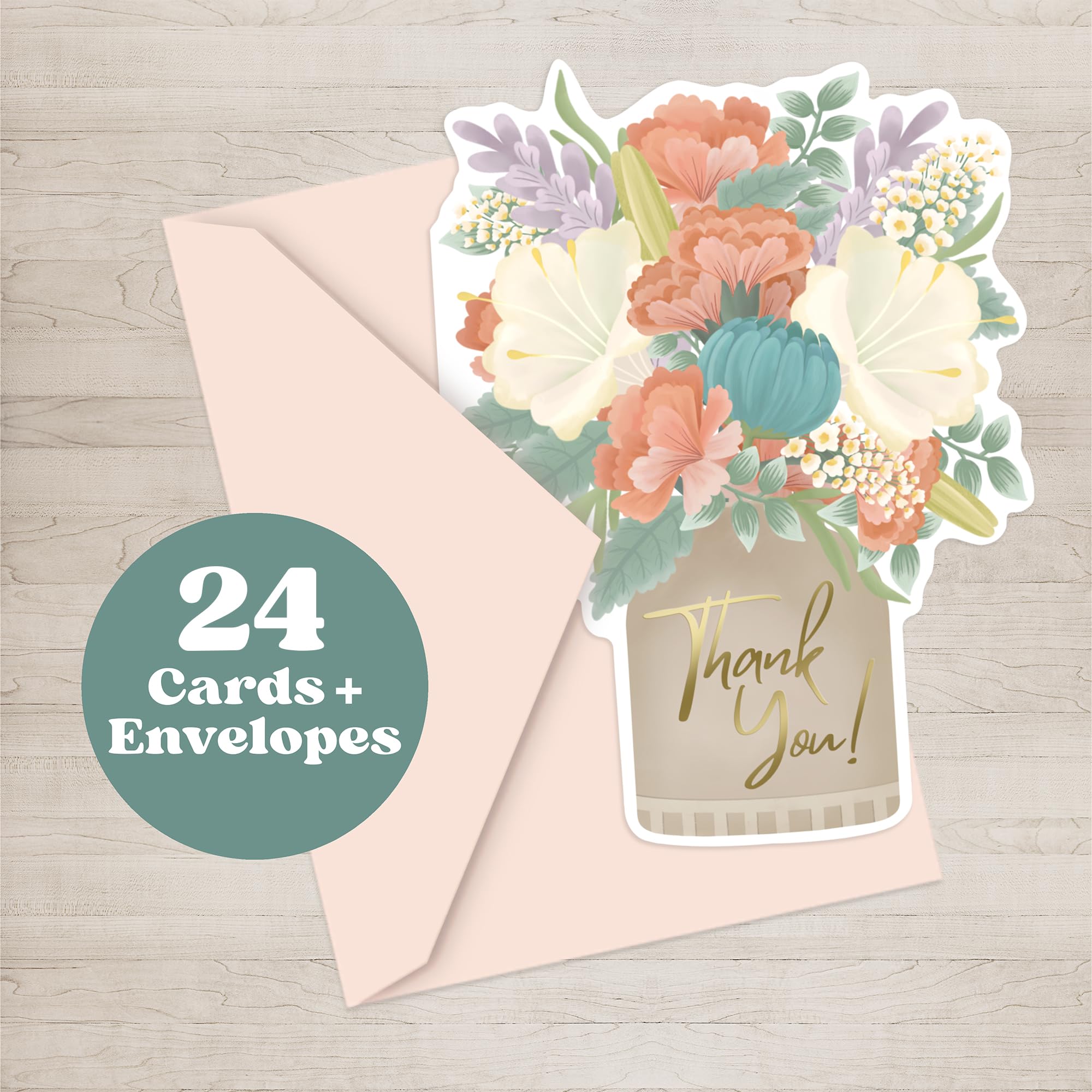 Floral Thank You Cards - 24 Cards With Envelopes - Unique Shape Perfect for Birthdays, Holidays, Weddings, Graduations - 5 x 7 Inches