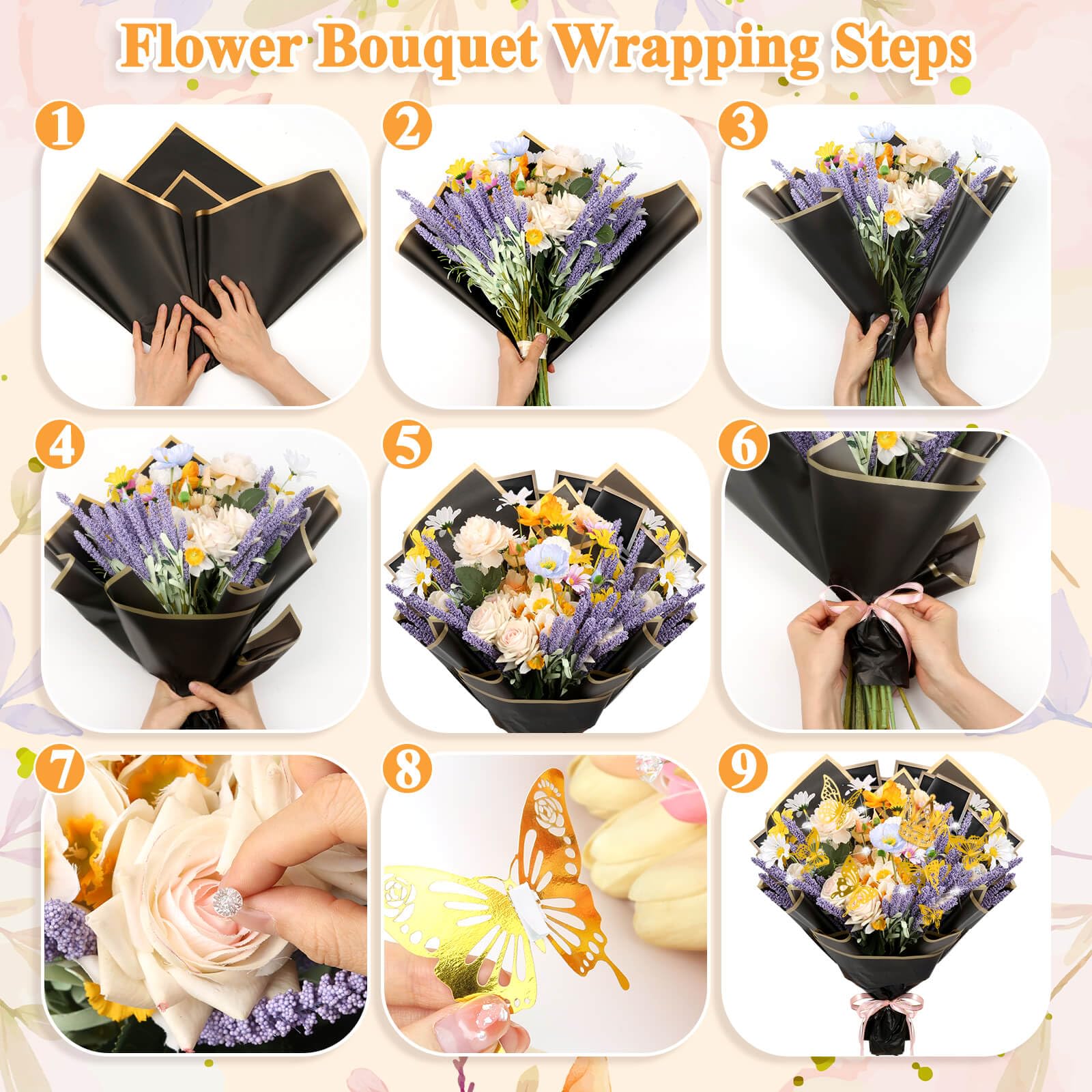 cridoz 195Pcs Flower Bouquet Accessories, 40 Floral Wrapping Paper, 4 Gold Crowns, 48 Butterfly Decorations, 100 Flower Pins and 3 Ribbons for Bouquets, Florist Supplies