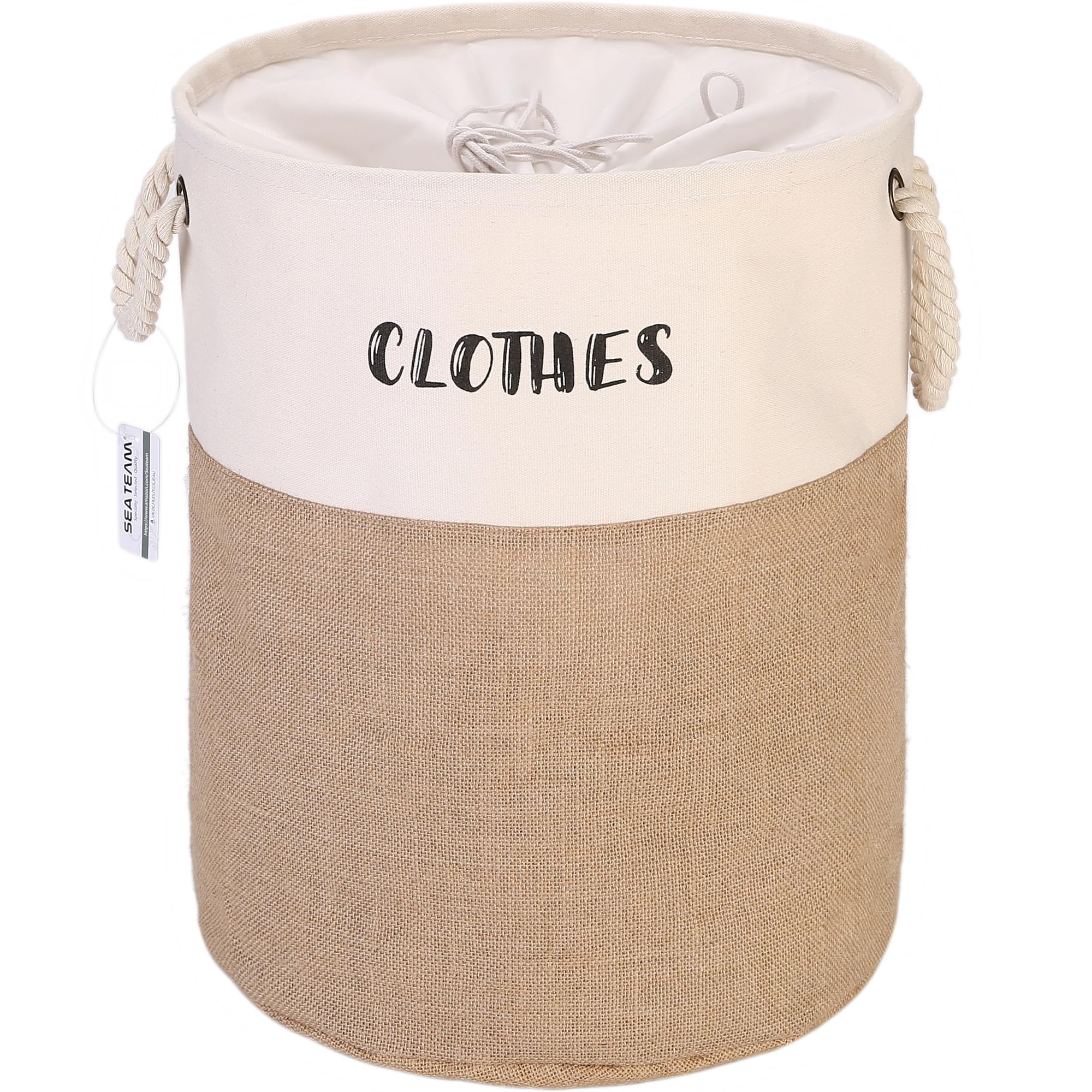 Sea Team Jute and Canvas Storage Basket with Cotton Rope Handles and Drawstring Closure, Collapsible, Lightweight Laundry Hamper for Home - 46.8L Capacity