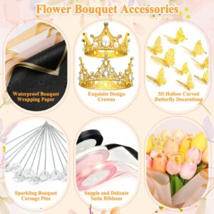 cridoz 195Pcs Flower Bouquet Accessories, 40 Floral Wrapping Paper, 4 Gold Crowns, 48 Butterfly Decorations, 100 Flower Pins and 3 Ribbons for Bouquets, Florist Supplies