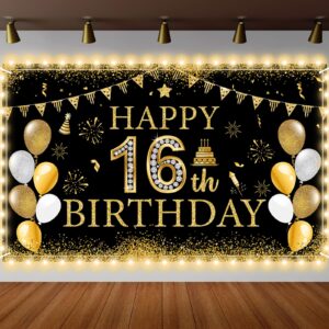 zoiiwa 16th birthday backdrop lighted party decorations sweet 16 backdrop with led light for boys girls party supplies black gold happy 16th birthday photo props background with light party favor