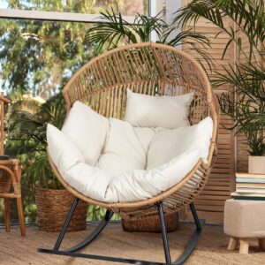 JAMFLY Egg Chair Outdoor Wicker Patio Chair, Oversized Lounger Chair with Cushion Egg Basket Chair for Indoor Living Room Bedroom Outside Balcony Backyard, Beige