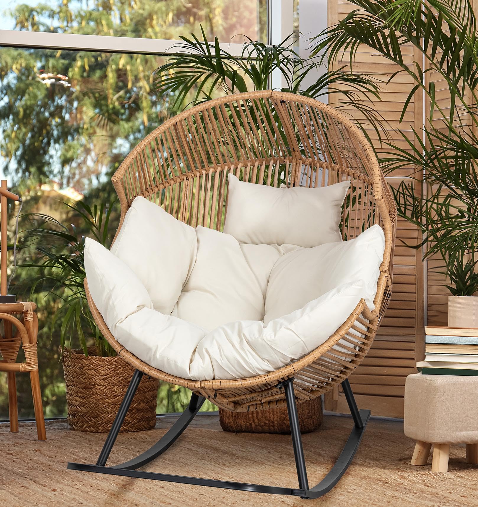 JAMFLY Egg Chair Outdoor Wicker Patio Chair, Oversized Lounger Chair with Cushion Egg Basket Chair for Indoor Living Room Bedroom Outside Balcony Backyard, Beige