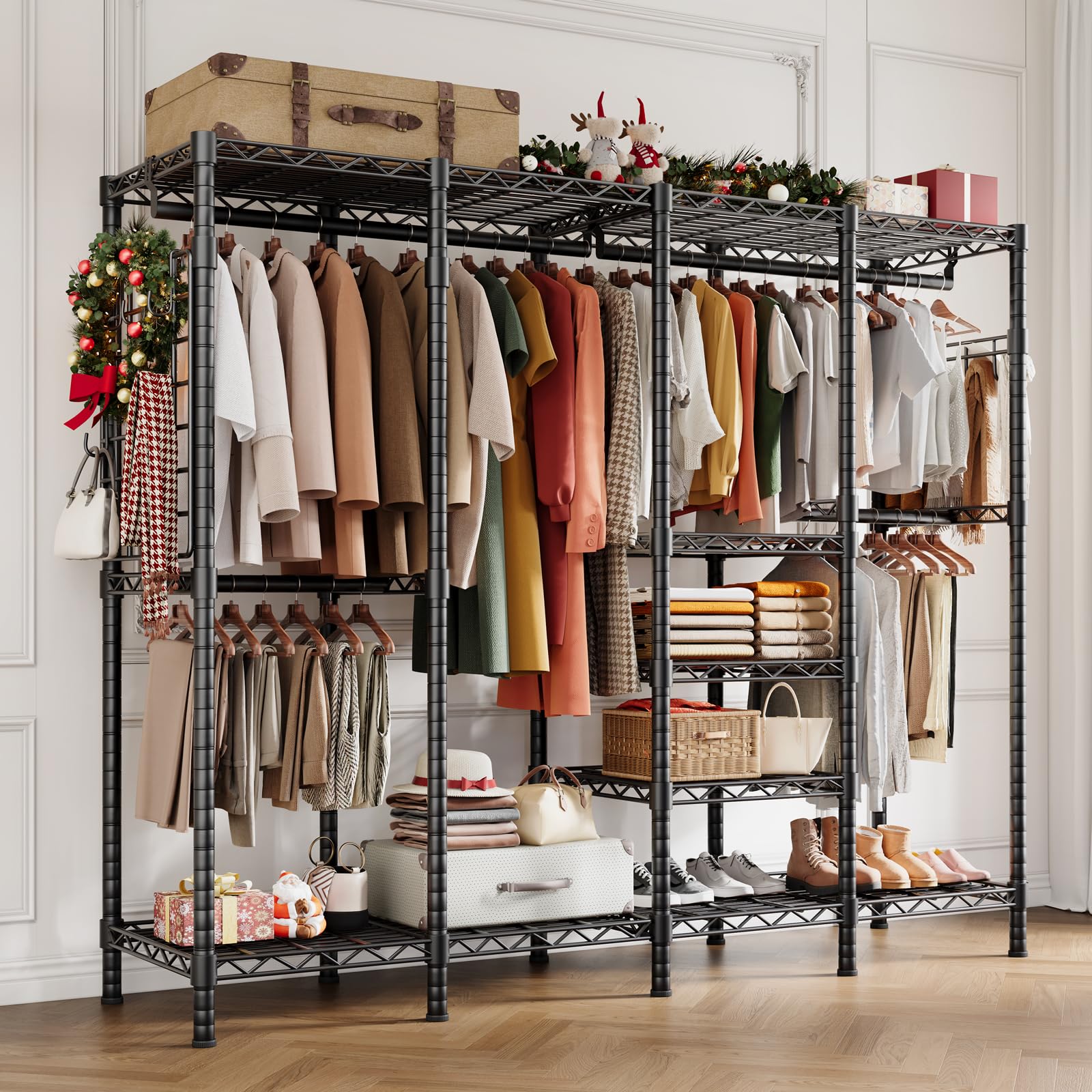 HOKEEPER Heavy Duty Clothes Rack Portable Closet Rack with Adjustable Shelves, Side Mesh Board and Hooks Freestanding Clothing Racks for Hanging Clothes Garment Racks Load 1500LBS 76"W*16"D*76"H Black