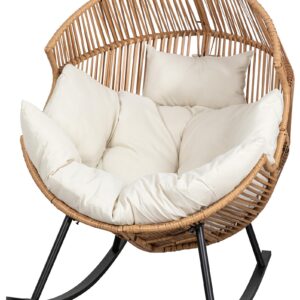 JAMFLY Egg Chair Outdoor Wicker Patio Chair, Oversized Lounger Chair with Cushion Egg Basket Chair for Indoor Living Room Bedroom Outside Balcony Backyard, Beige