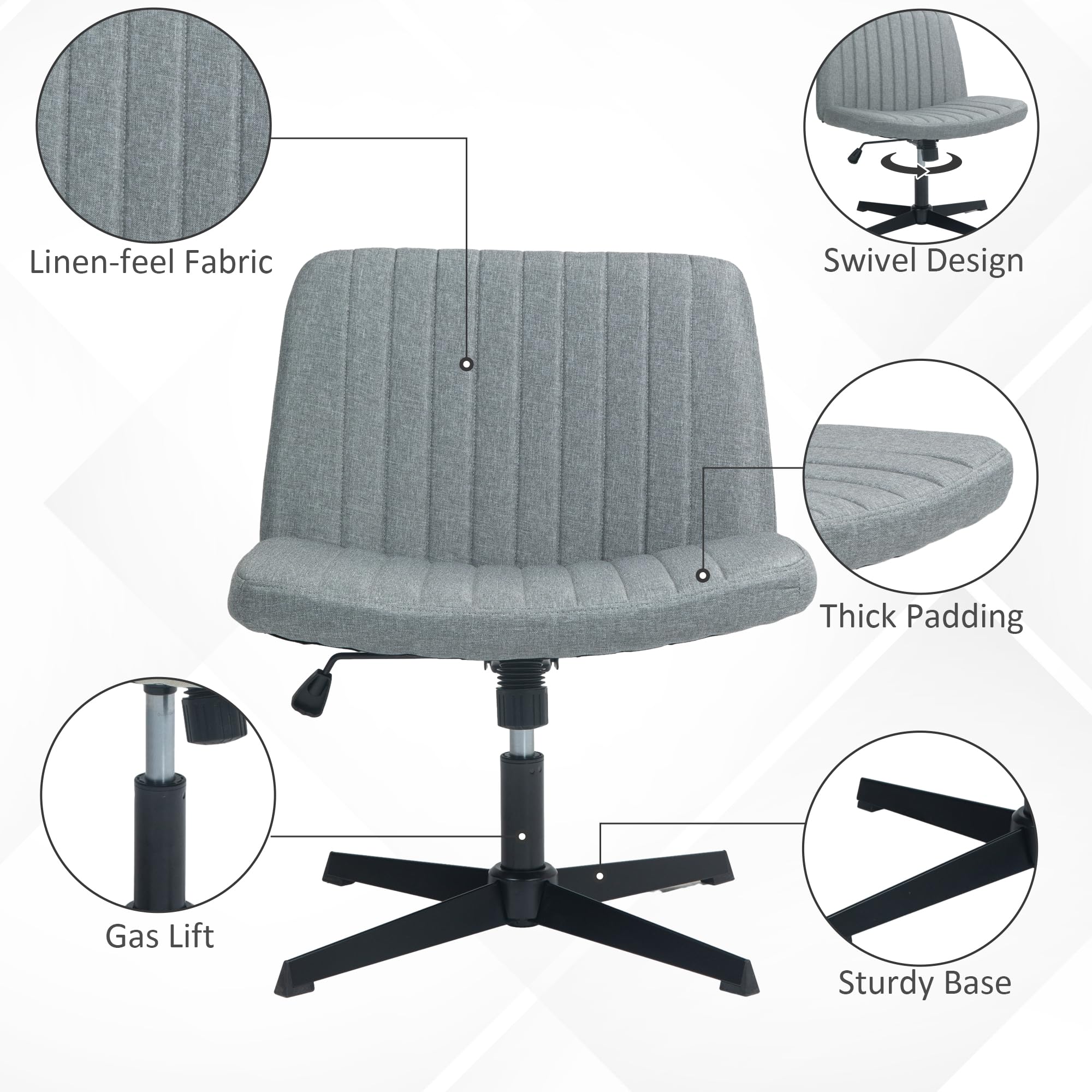 HOMCOM Wide Office Chair, Armless Office Desk Chair, Computer Fabric Vanity Chair with Adjustable Height, Gray