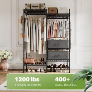 HOKEEPER Clothes Rack Heavy Duty Clothing Rack for Hanging Clothes Loads 1200LBS, Portable Closets Adjustable Garment Rack with Detachable Drawers, Side Mesh Board and Hooks 46.3"Wx16.9"Dx76.2"H Black