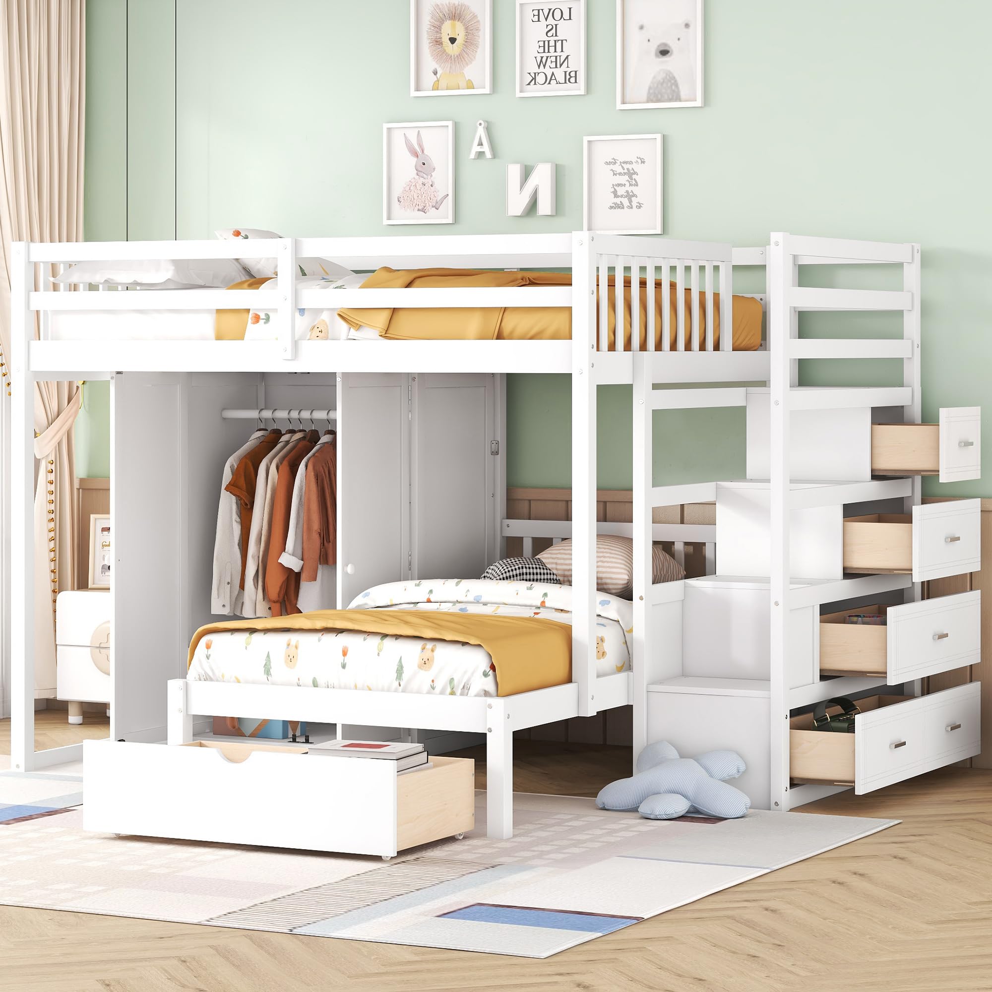 Harper & Bright Designs Full Over Twin Bunk Bed with Stairs & Wardrobe, Wood Bunk Bed with Storage Drawers, Kids Bunk Bed Full Over Twin Size for Bedroom,No Box Spring Needed(White)