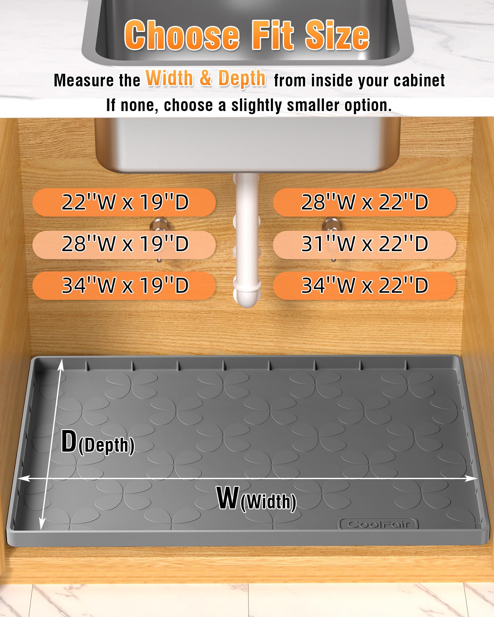 CoolFair Waterproof Under Sink Mat, 34" x 22" Silicone Mat for Kitchen Bathroom, Cabinet Liner for Kitchen Organizers and Storage Sink Drip Tray, Leaks, Easy to Clean, Holds 3.3 Gallons - Gray