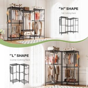 HOKEEPER Clothes Rack Heavy Duty Clothing Rack for Hanging Clothes 1600LBS Freestanding Garment Rack with 5 Hang Rods, Side Mesh Board & Hooks, Portable Wardrobe Closet 70" W X 17" D X 76" H, Black