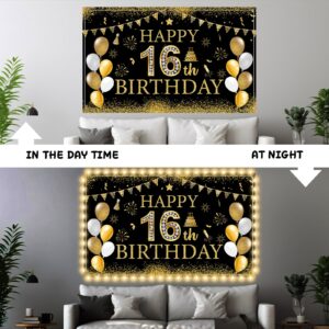 ZOIIWA 16th Birthday Backdrop Lighted Party Decorations Sweet 16 Backdrop with LED Light for Boys Girls Party Supplies Black Gold Happy 16th Birthday Photo Props Background with Light Party Favor