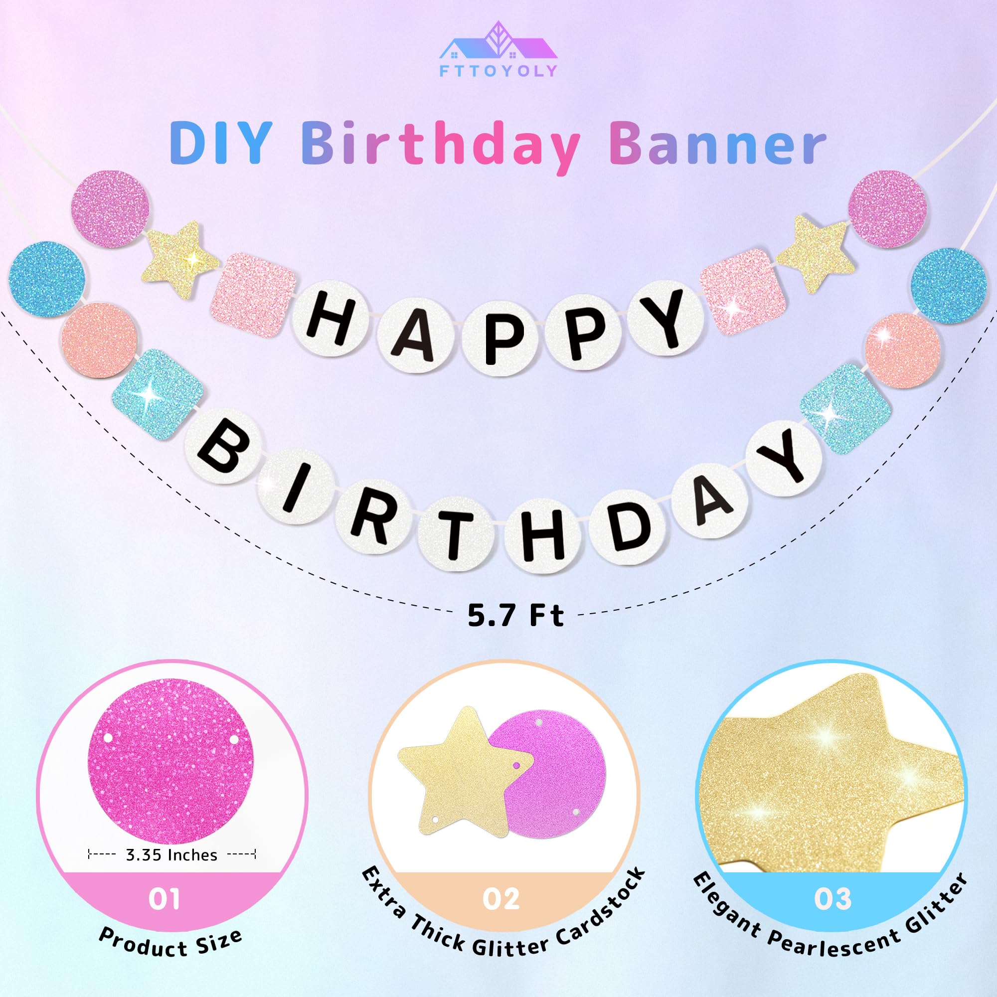 Fttoyoly 145 Pcs DIY Friendship Bracelet Birthday Banner, 5.4 ft Glitter Customizable Happy Birthday Banner Birth-Tay Era Tour Decorations for Birthday Era, Graduation Party Decorations Number Included