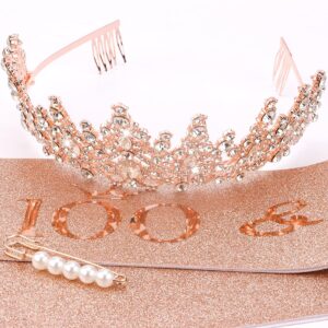 TOBATOBA 100th Birthday Decorations for Women, Rose Gold 100th Birthday Sash and Tiara for Women, 100 & Fabulous Birthday Decorations, Happy 100th Birthday Party Supplies Gift for Women