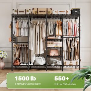 HOKEEPER Heavy Duty Clothes Rack Portable Closet Rack with Adjustable Shelves, Side Mesh Board and Hooks Freestanding Clothing Racks for Hanging Clothes Garment Racks Load 1500LBS 76"W*16"D*76"H Black