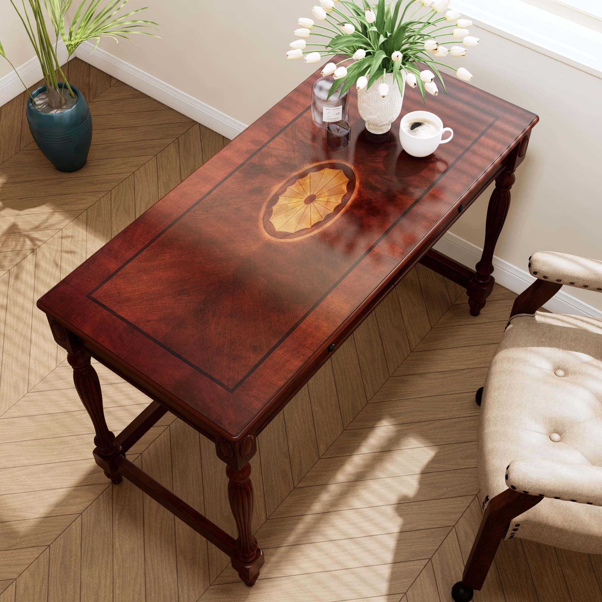 VERDANTREE Computer Desk Office Table with 2 Drawers, 39.37" Solid Wood Study Writing Desk Workstation with Storage Space,Mid-Century Vanity Dressing Table for Home Office,Cherry Walnut SSZ1533WD