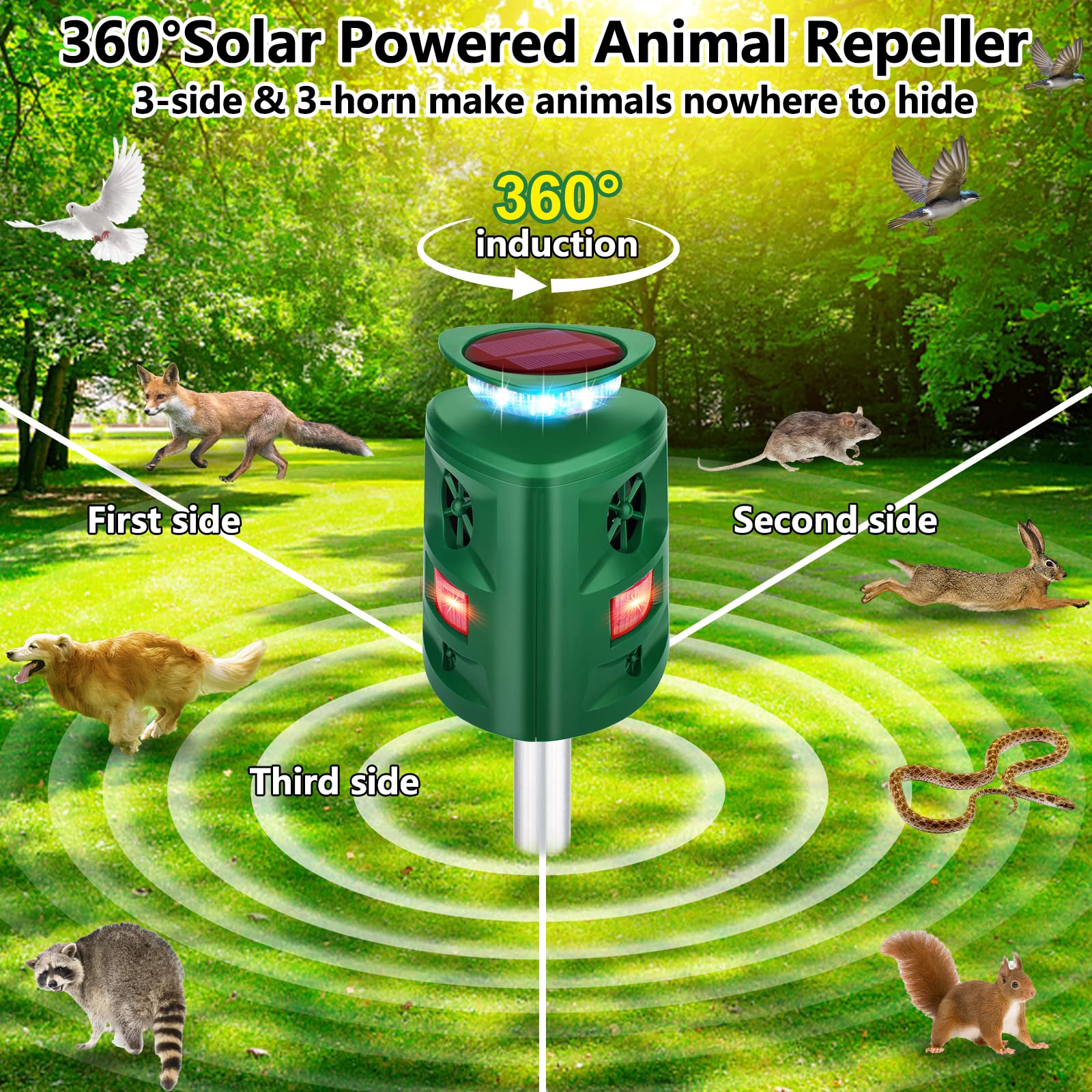 Solar Animal Repeller, 360°Ultrasonic Animal Repeller, Cat Repellent Outdoor, Dog Repellent, Motion Sensor & Flashing Light, Repel Dogs, Deer, Fox, Raccoon, Skunk, Rabbit, Squirrels, Coyote Deterrent