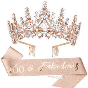 tobatoba 100th birthday decorations for women, rose gold 100th birthday sash and tiara for women, 100 & fabulous birthday decorations, happy 100th birthday party supplies gift for women