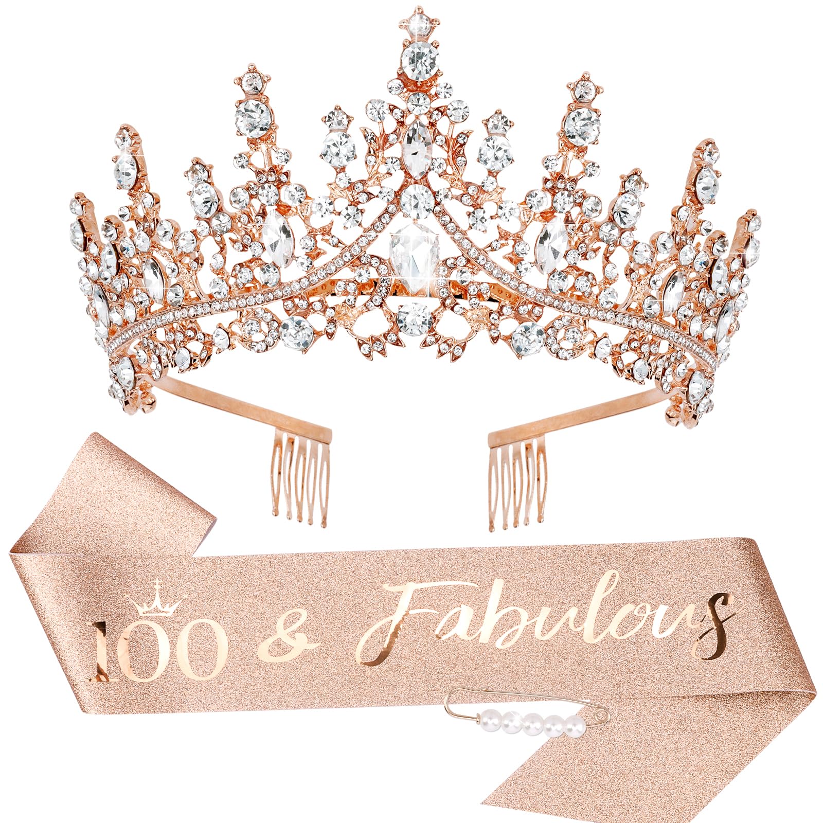 TOBATOBA 100th Birthday Decorations for Women, Rose Gold 100th Birthday Sash and Tiara for Women, 100 & Fabulous Birthday Decorations, Happy 100th Birthday Party Supplies Gift for Women