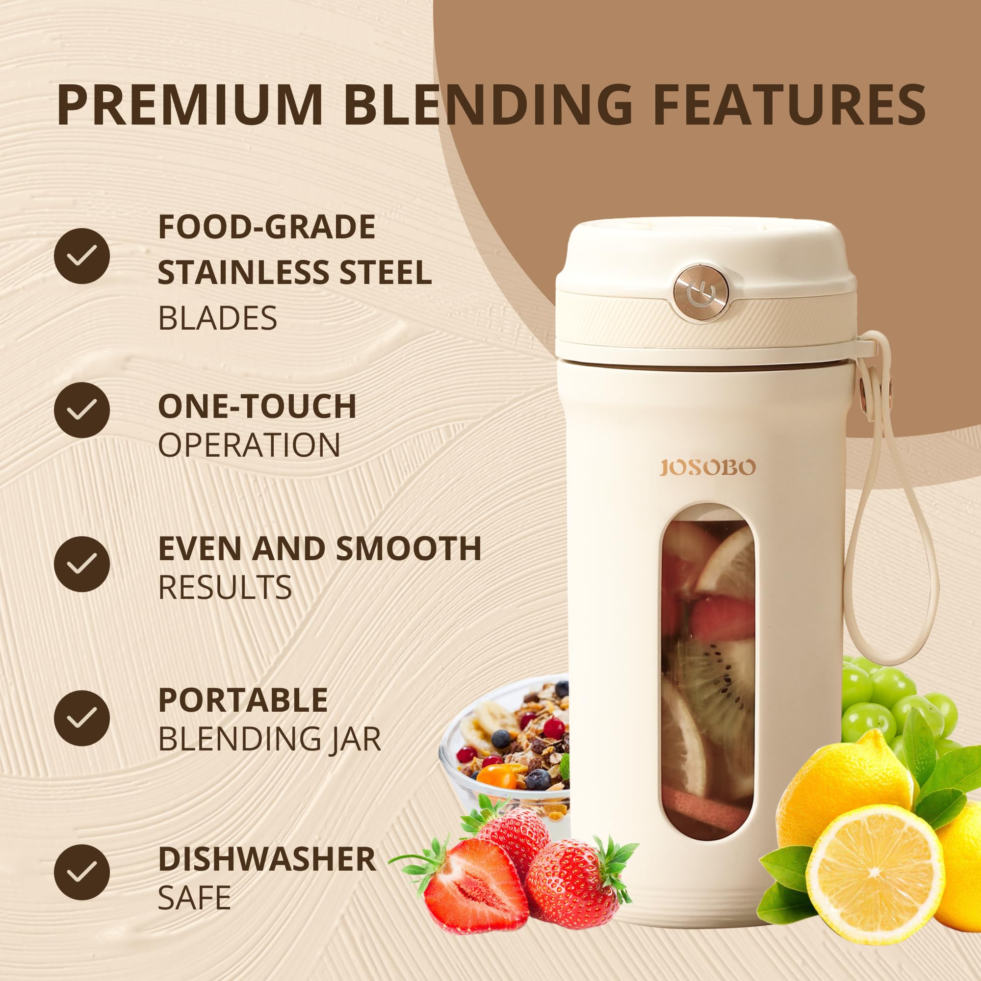 JOSOBO Portable Blender, protein shake blender, Smoothies with 10 Ultra Sharp Blades, 16 Oz Mini Blender USB Rechargeable Type-C, for Travel Picnic Office Gym