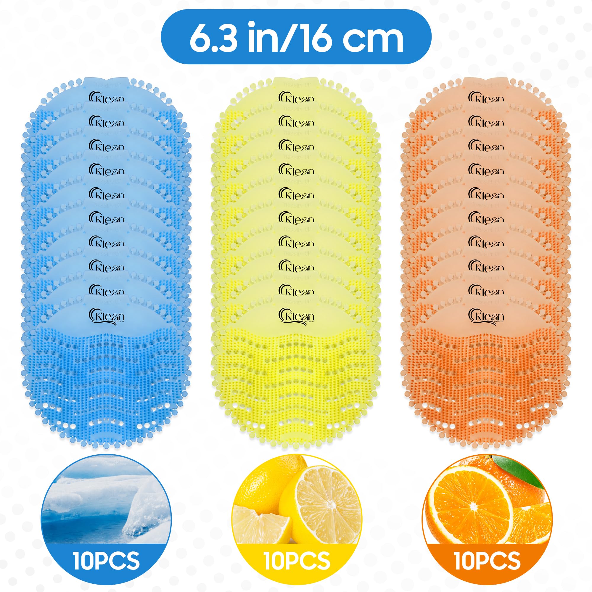 Urinal Screen Deodorizer (30 Pack) Scented Urinal Deodorizer (10 Ocean Mist+10 Orange+10 Lemon) for Restroom Urinals Disposable Gloves 30-Pack Urinal Mats Scented Urinal Screens Odor & Anti-Splash