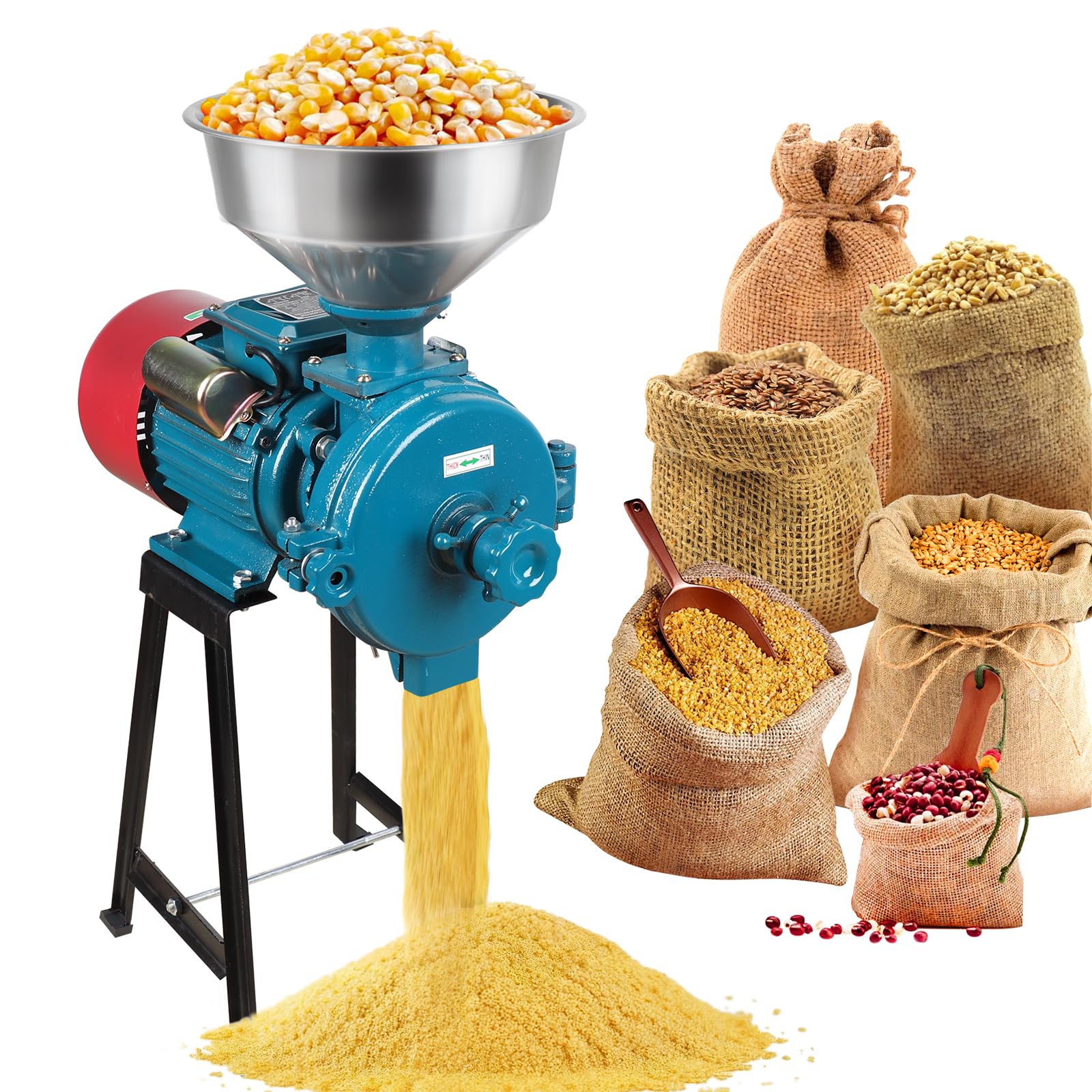 Snowtaros Electric Grain Mill Grinder 3000W 110V, Commercial Corn Grinder with Funnel, Dry Feed Grain Mill Machine, Thickness Adjustable, Powder Grinder for Grain Corn Rice Herbs Pepper (Dry Grinder)