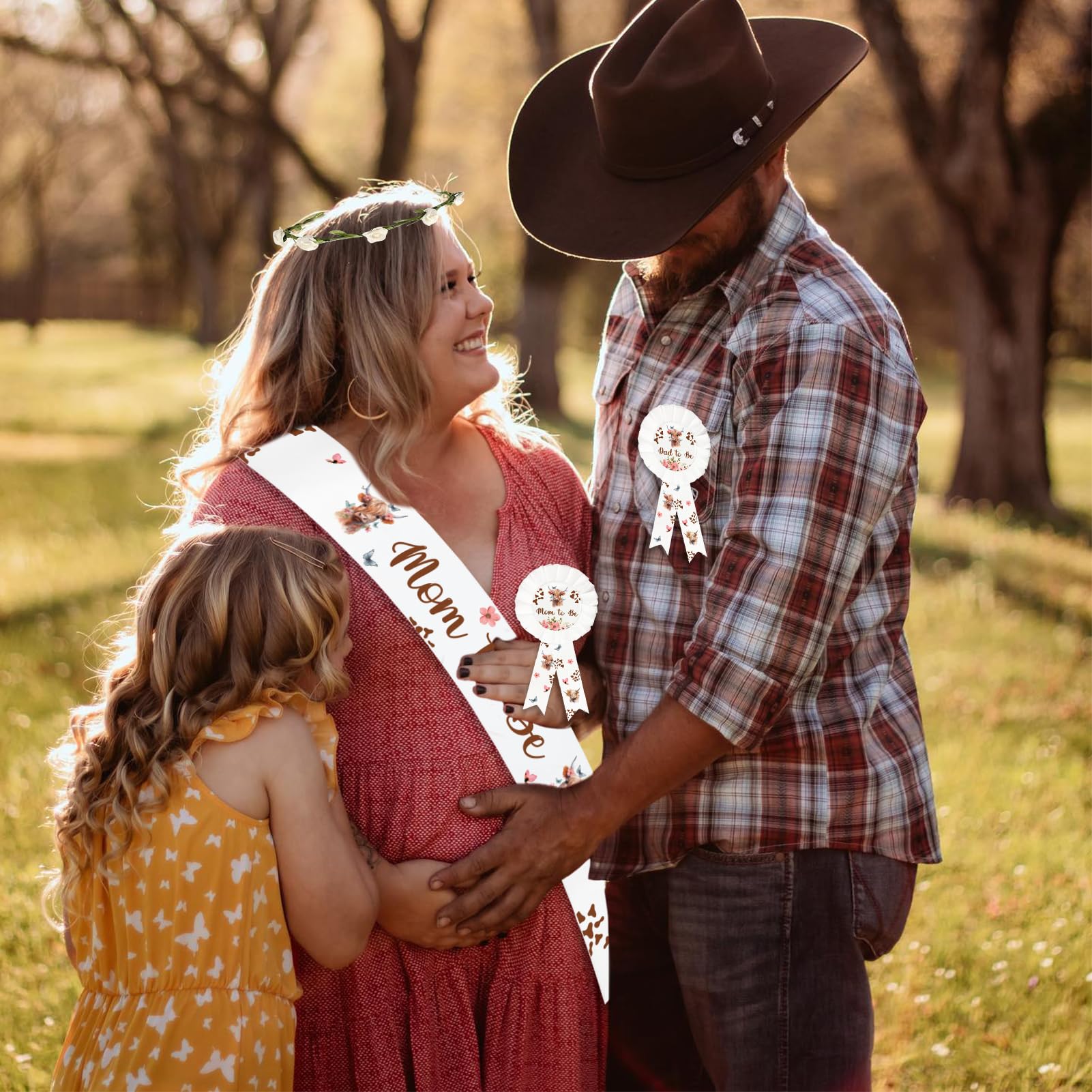 Highland Cow Mom to Be Sash Dad to Be Pin and Flower Crown Headband for Gender Reveals Party Baby Shower Party Favors Decorations for Boys and Girls Pregnancy Props Keepsake