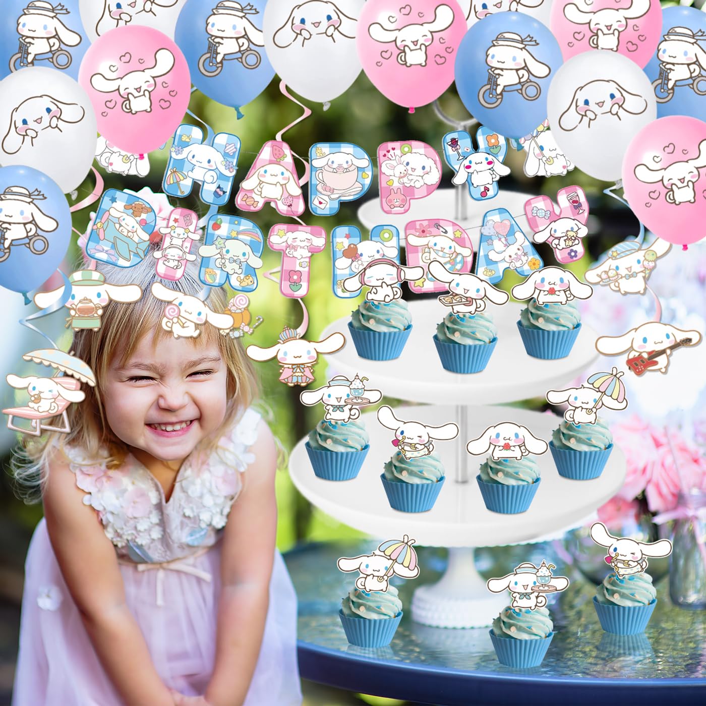 Cinnamoroll Birthday Decorations, 101PCS Party Supplies Set Include Banner, Balloons, Stickers, Hanging Swirls, Cake Cupcake Toppers, Tablecloth for Kids Cinnamoroll Theme Party