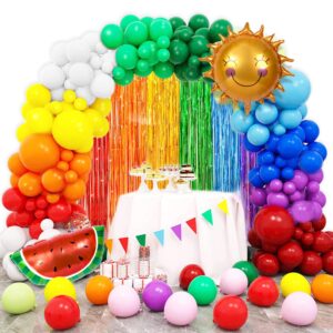 175 pcs rainbow balloon arch and foil fringe curtain kit, 7 assorted colors latex balloons garland for kids rainbow birthday baby shower party wedding engagement decoration