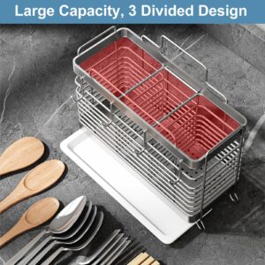 IWNTWY Utensil Holder, Stainless Steel Utensil Drying Rack with Drain Tray, Kitchen Counter Drainer Basket Silverware Cutlery Flatware Holder Forks, Knives, Spoons, Chopsticks Organizer (Silver)