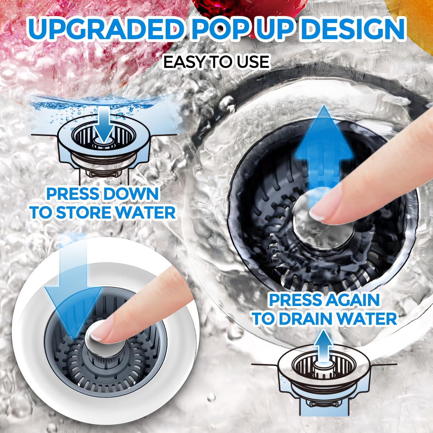 zaa 2 Pack 3in1 Kitchen Sink Drain Strainer and Sink Stopper, Stainless Steel Kitchen Drain Plug & Cover with Anti-Clogging Basket Strainer, Fit US Standard 3-1/2'' Drain Hole