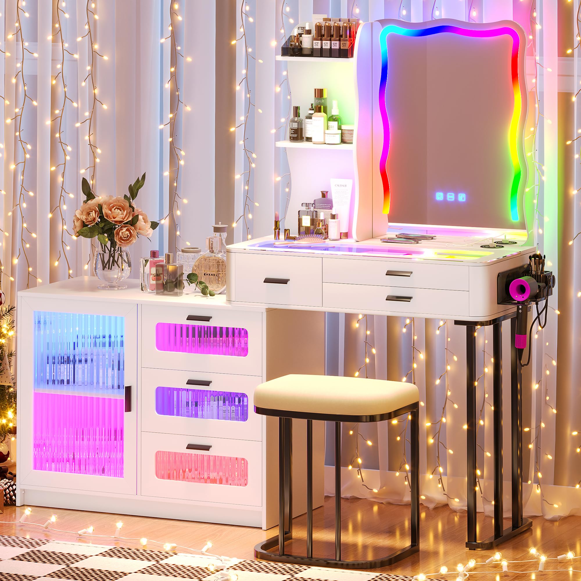 MDGC RGB Makeup Vanity Desk with Wireless Charging Station,7 Dynamic and 7 Static Dimmable Vanity Table with Glass Desktop,Vanity Mirror with Lights Desk&Chair,8 Drawers,Stool