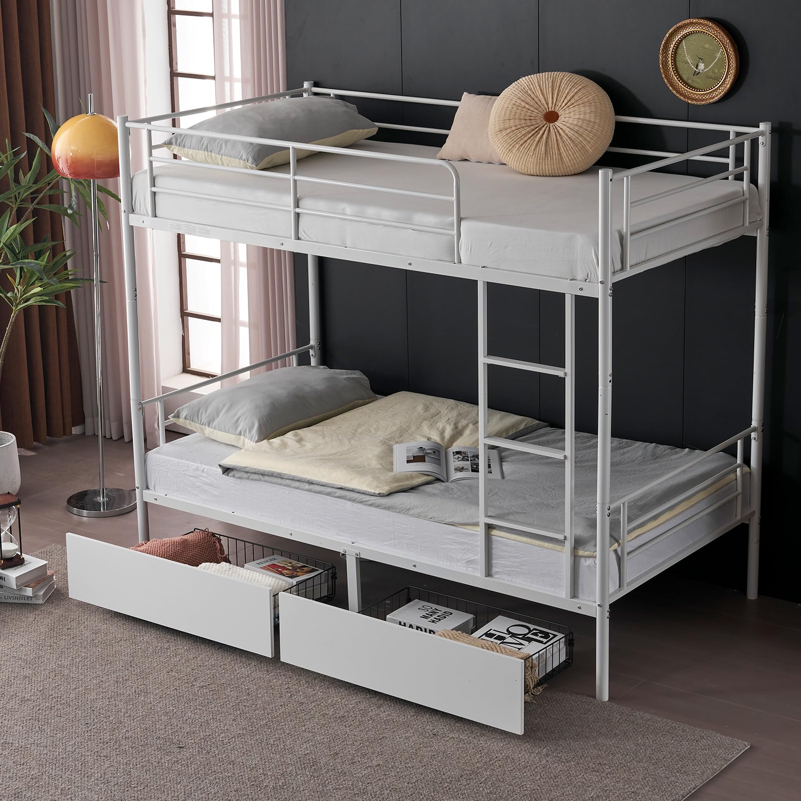 Imseigo Twin-Over-Twin Bunk Bed with Metal Frame and Ladder, Detachable Bunk BedFrame for Kids, Teens & Adults with Two Storage Drawers & Guardrail, No Box Spring Needed (White, 2 Drawers)