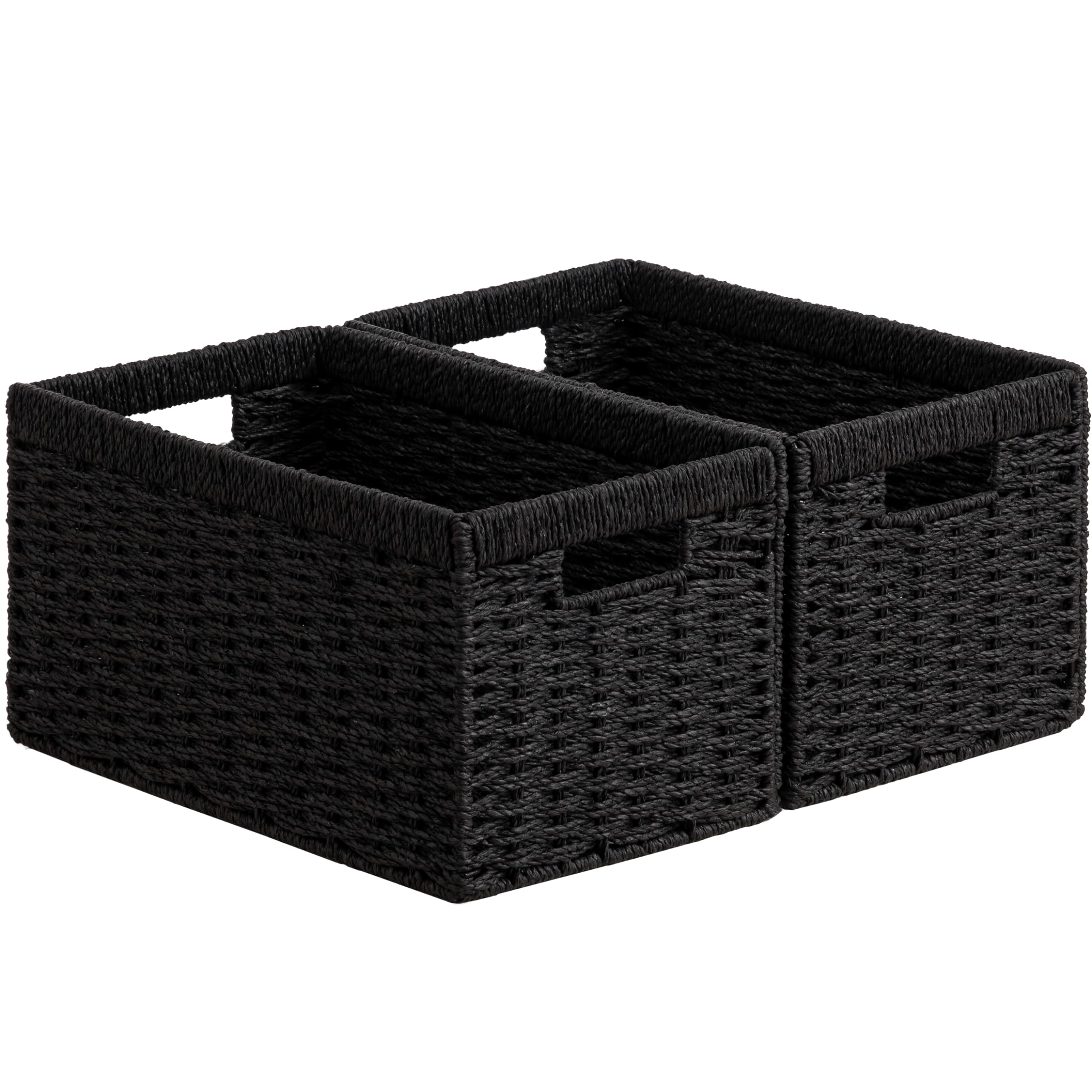 joybest Black Wicker Storage Baskets, Rectangular Wicker Baskets with Built-in Handles,Paper Rope Baskets for Organizing 2 Pack, 13.4L x 8.3W x 7.1H