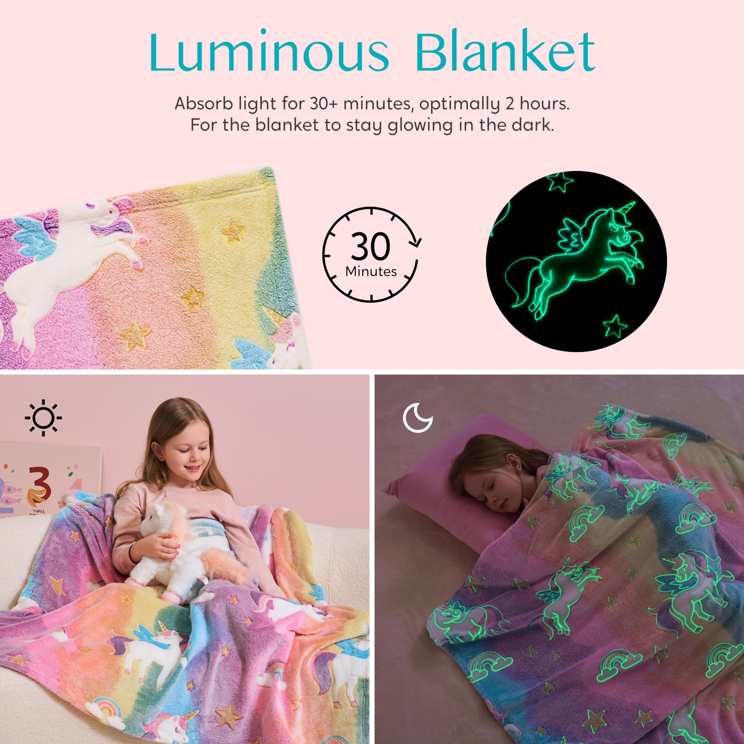 Joiedomi Glow in The Dark Blanket - Unicorns Gifts for Girls Age 2 3 4 5 6 7 8 9 10 11 12 Year Old - Soft Cozy Flannel Kids Throw Blanket - Birthday Bedroom Decor 50"×60"