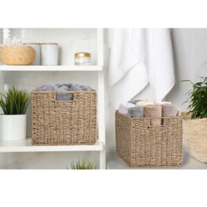 12x12x10in Seagrass Storage Baskets Set of 4, Large Wicker Storage Basket, Decorative Seagrass Shelf Basket, Pantry Baskets Organization,Folding Storage Cube Bins