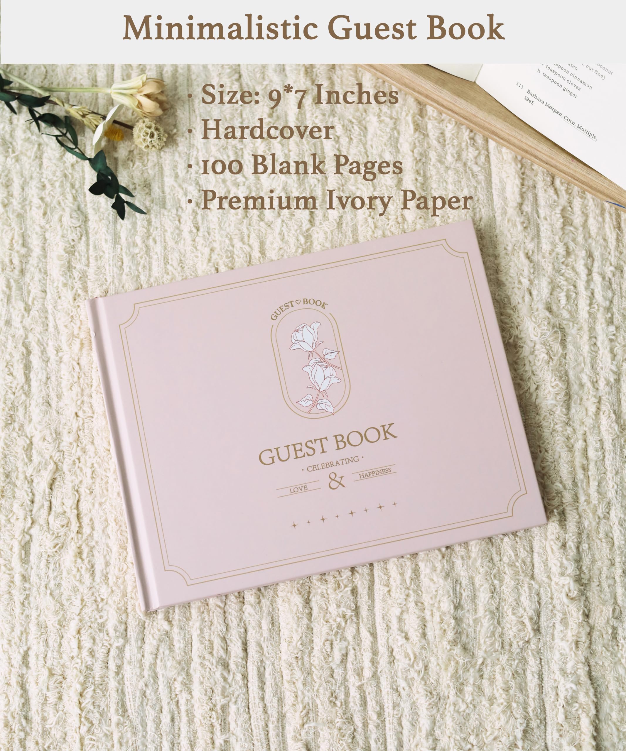 FOUNCY Wedding Guest Book - Elegant Hardcover Guest Book to Sign in & Photos,100 Blank Pages for Wedding Reception, Bridal, Baby Showers and Birthdays - Pink, 9"x7", Ivory Paper