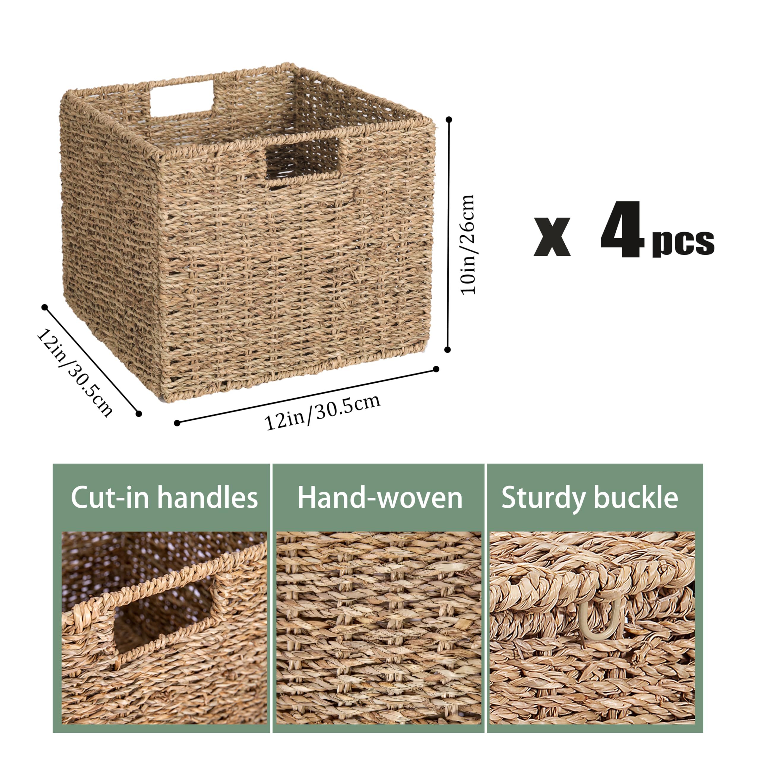 12x12x10in Seagrass Storage Baskets Set of 4, Large Wicker Storage Basket, Decorative Seagrass Shelf Basket, Pantry Baskets Organization,Folding Storage Cube Bins