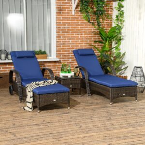 Outsunny Wicker Outdoor Chaise Lounge Set of 2, 5-Level Adjustable Backrest PE Rattan Pool Lounge Chair with Wheels, Cushion & Headrest, Brown and Dark Blue