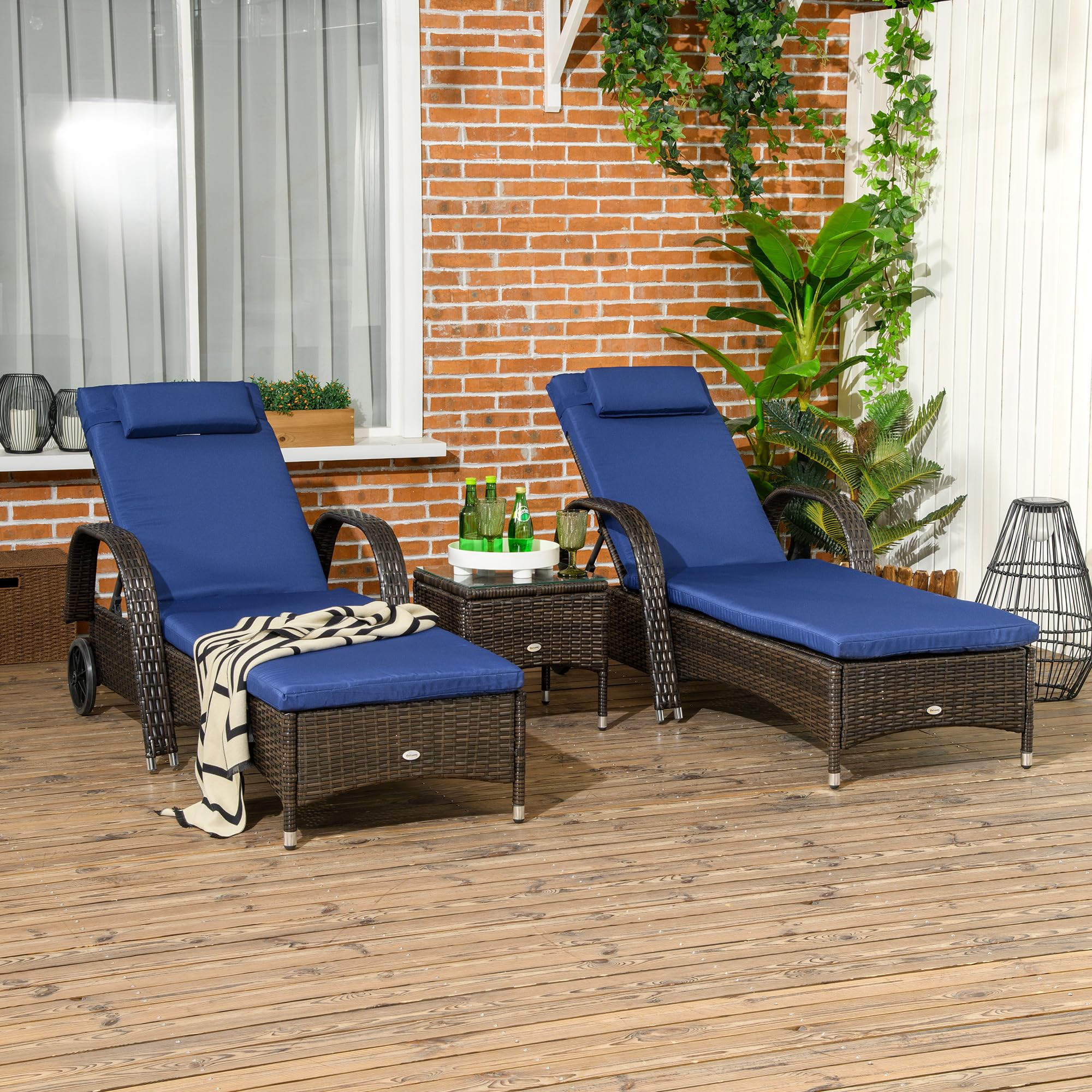 Outsunny Wicker Outdoor Chaise Lounge Set of 2, 5-Level Adjustable Backrest PE Rattan Pool Lounge Chair with Wheels, Cushion & Headrest, Brown and Dark Blue