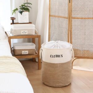 Sea Team Jute and Canvas Storage Basket with Cotton Rope Handles and Drawstring Closure, Collapsible, Lightweight Laundry Hamper for Home - 46.8L Capacity