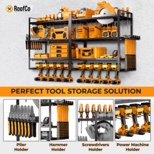 ROOFCO Power Tool Organizer, 8 Drill Holder Wall Mount and 4 Layers Storage Rack for Garage Organization, Shed, Workshop, Pegboard with Plier/Hammer Holder-Heavy Duty Carbon Steel-200 LBS Capacity