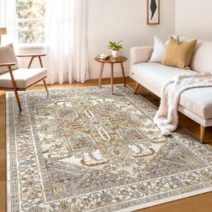 boho area rugs machine washable for living room bedroom, large 5x7 vintage non-slip stain resistant floor carpet indoor for kitchen dining room office home decor, turmeric-grey